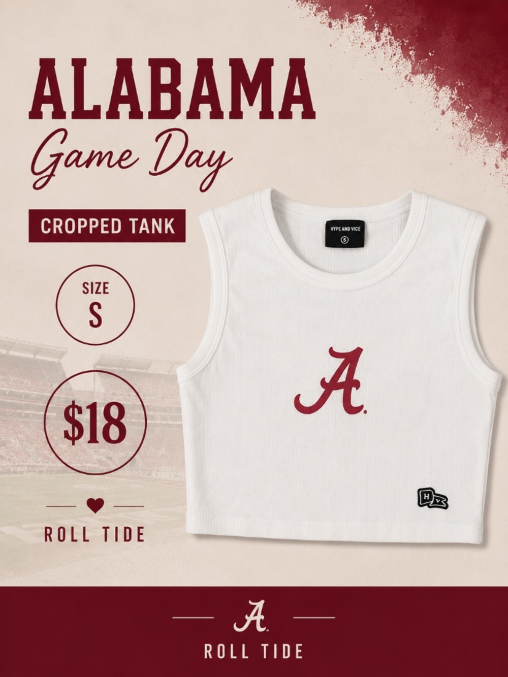 Hype and Vice, cropped tank, Alabama, Game Day, Size S
